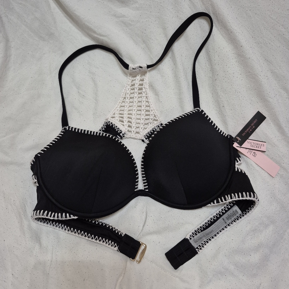 Victoria's Secret Black Swim Top with White Crochet Accents